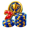 Stapel von Casino-Chips mit goldener Trophäenmünze und roter Sieben