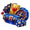 Blaue Slot-Walze, Spielkarte und Roulette-Chip