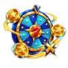 Blaues Glücksrad mit goldenen Münzen und einer roten Sieben